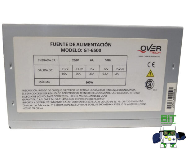 Fuente De Alimentación Pc Overtech Entry Gt-6500 500w 220v - Image 3
